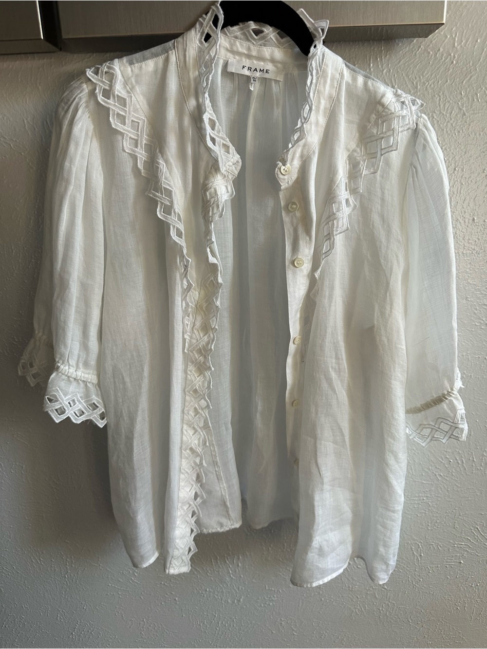 FRAME DENIM Embroidered High Neck Short Sleeve Blouse